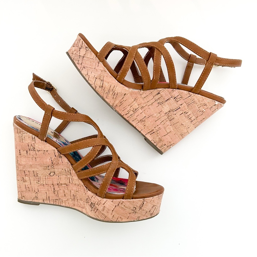Madden Girl Strappy Brown Faux Leather Cork Platform Wedge Heels Elmaa Cognac - Picture 4 of 9